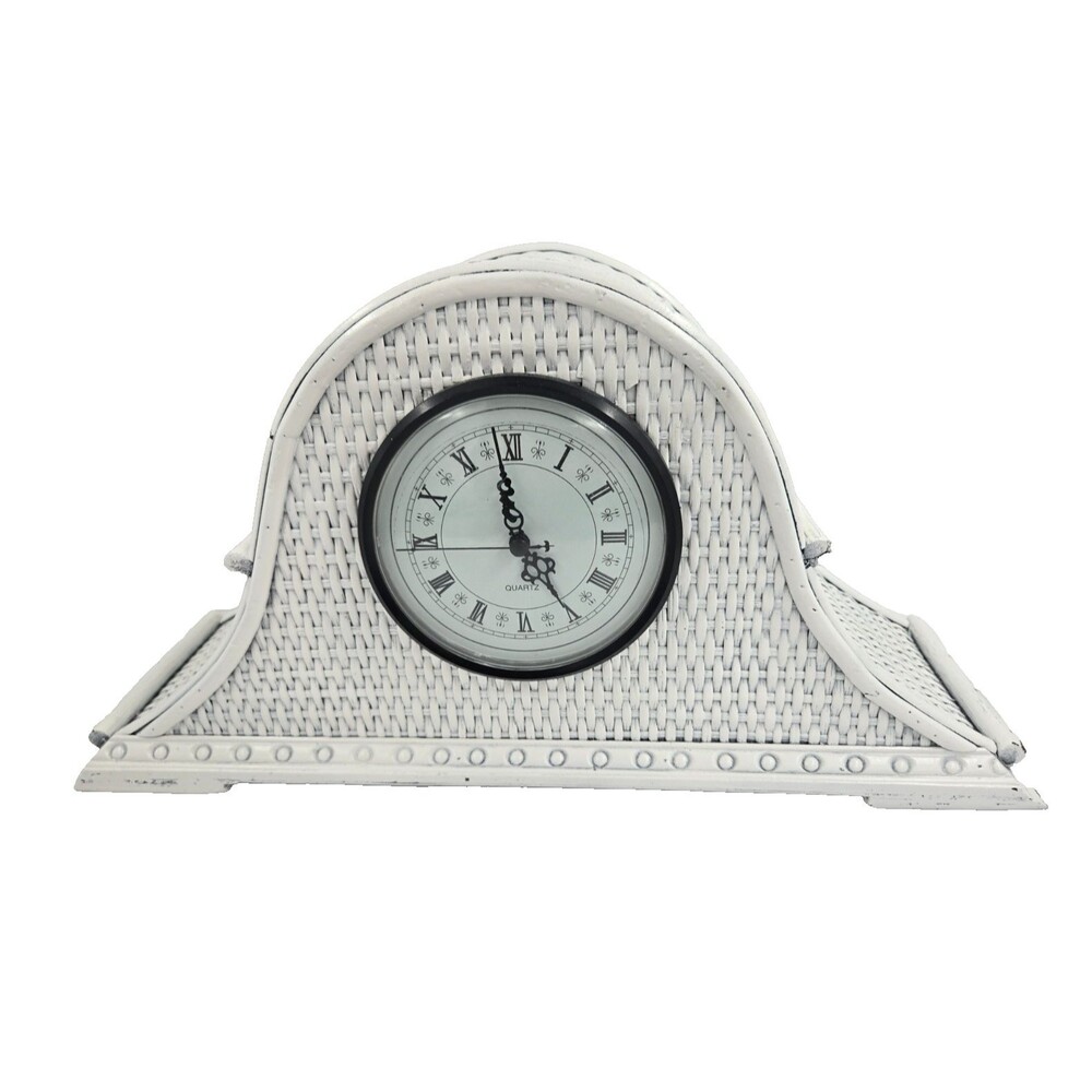 Vtg Rattan Bamboo Wicker Mantle Wall Clock Boho Decor - Works!